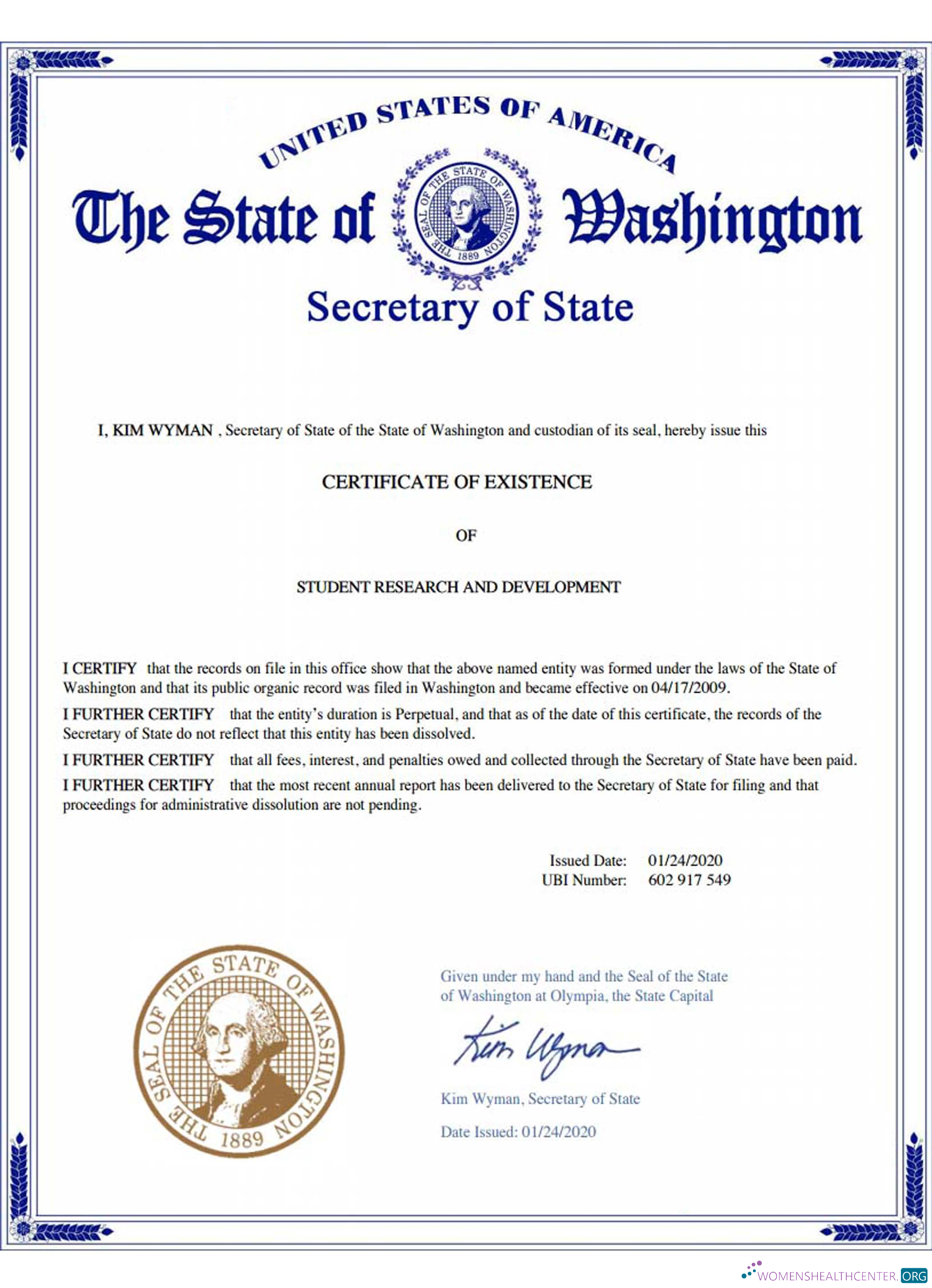 Download USA Washington certificate of good standing Photoshop template
